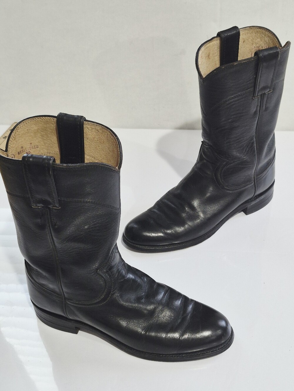 Justin Boots Black Leather Western Roper Pull-On Cowboy Boots Size 6A